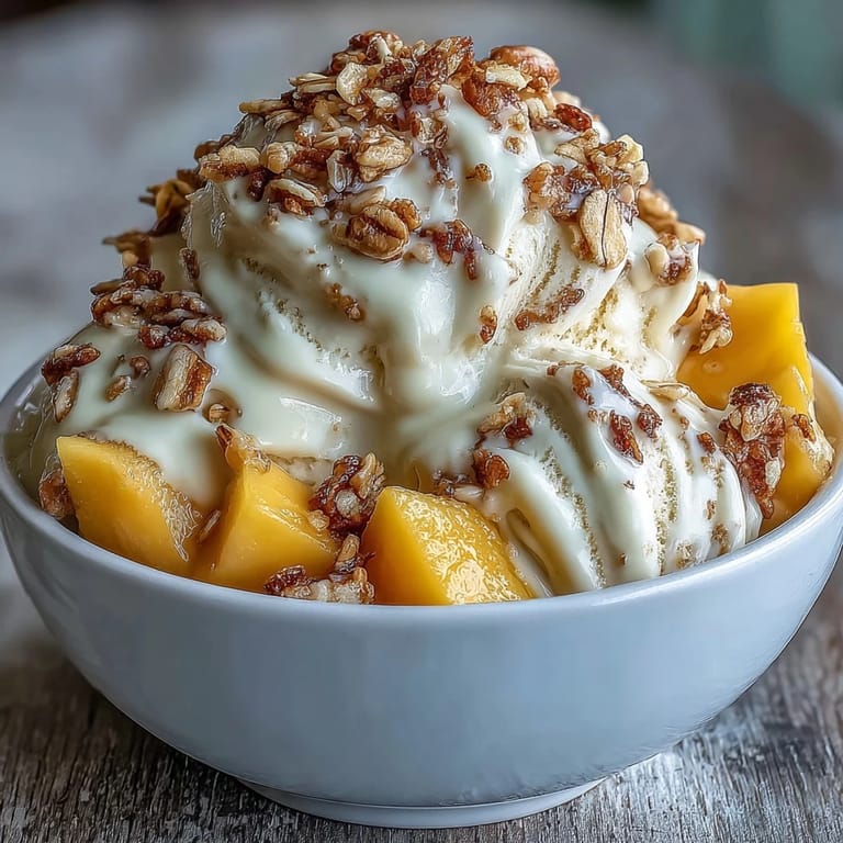Vibrant Vegan Mango Coconut Ice Cream Bowls with crunchy toasted oats, topped with fresh mint and mango pieces.