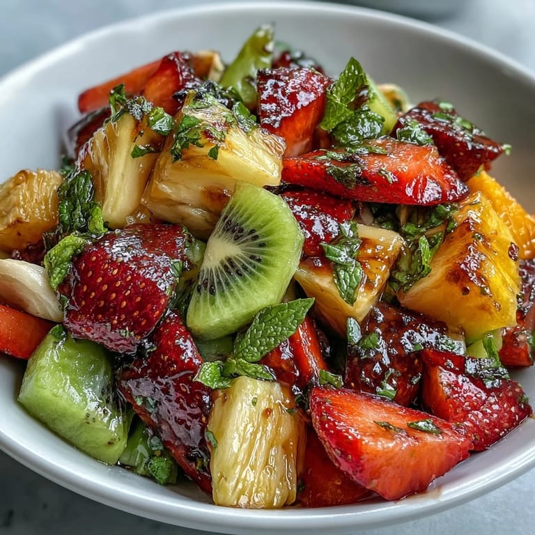 A vibrant bowl of Tropical Fruit Salad with Mint Lime Dressing, featuring strawberries and banana slices, served as a light summer dessert or side.