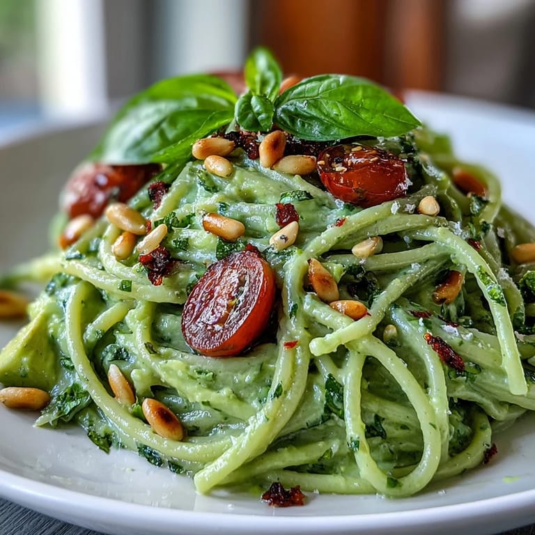 A large bowl of Vegan Creamy Avocado Lime Pasta speckled with toasted pine nuts beside a glass of white wine.