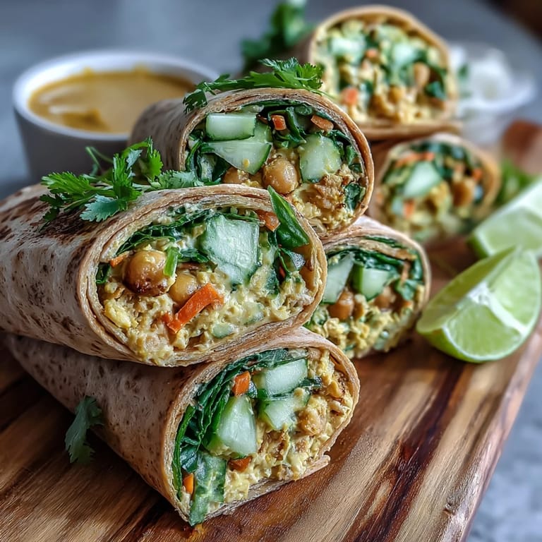 Colorful half-cut Vegan Coconut Curry Chickpea Salad Wraps revealing chunky chickpea filling with coconut yogurt and curry spices, perfect for an easy, dairy-free dinner.