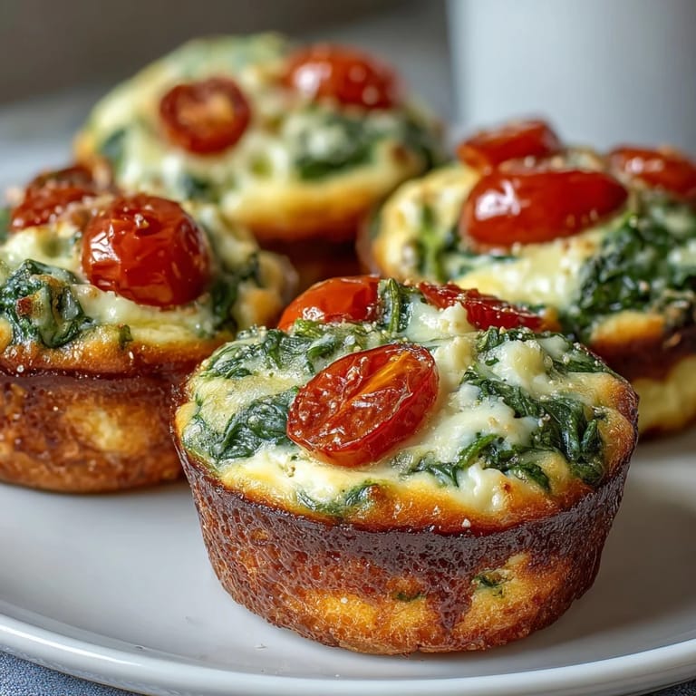 A close-up of High-Protein Egg Muffin Cups revealing spinach and diced red bell peppers baked into fluffy eggs.