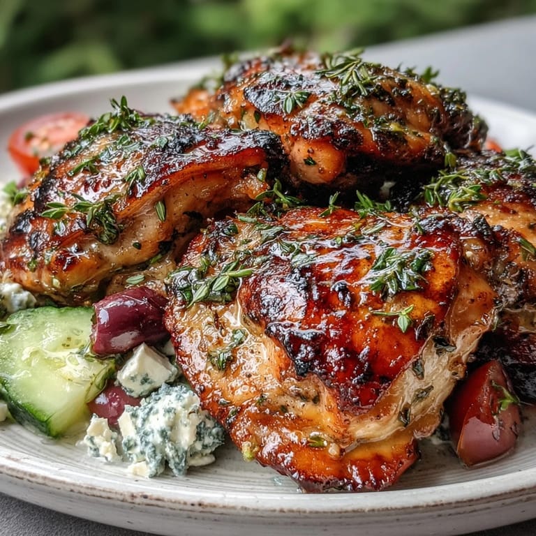 Freshly grilled Lemon Herb Chicken Thighs with char marks, plated beside a colorful bowl of Greek salad.