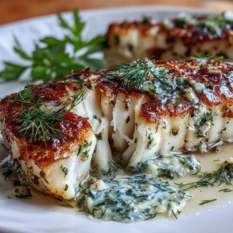 Tender cod fillets topped with fragrant garlic herb butter, paired with roasted green beans and golden baby potatoes for a wholesome, easy weeknight dinner.  