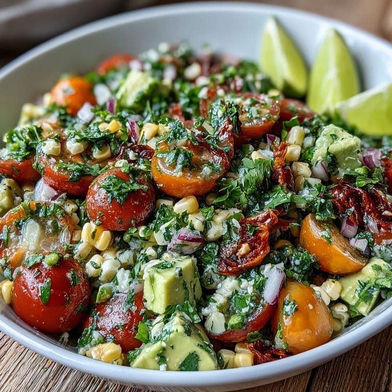 Fresh Corn and Tomato Salad with Avocado and Lime topped with diced avocado and cilantro, ready as a vibrant summer side dish for four.