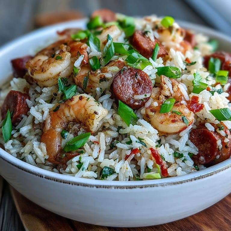 Fluffy long-grain rice tossed with andouille sausage, shrimp, and aromatic Cajun spices in a one-pan meal.  