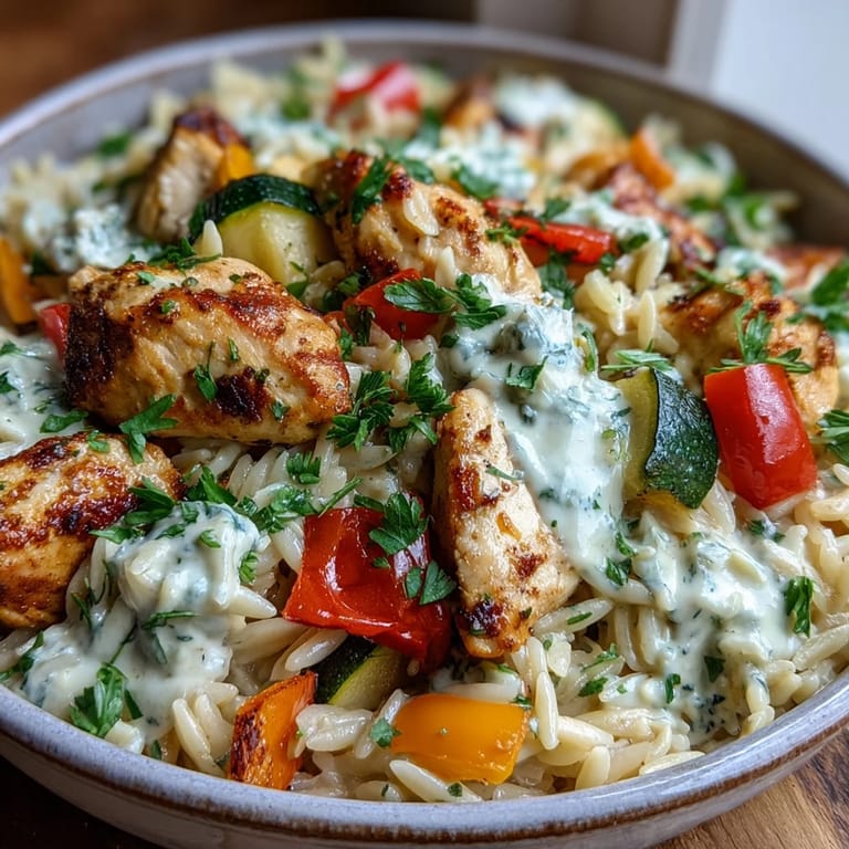 Baked Boursin Orzo with juicy chicken, sautéed vegetables, and garlic herb cheese, garnished with fresh parsley.