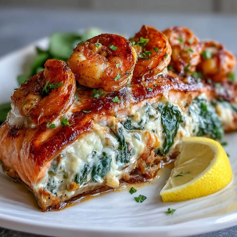 Tender salmon fillets generously filled with a rich blend of crab, shrimp, Boursin cheese, and spinach, baked to flaky perfection and garnished with lemon wedges for a fresh finish.