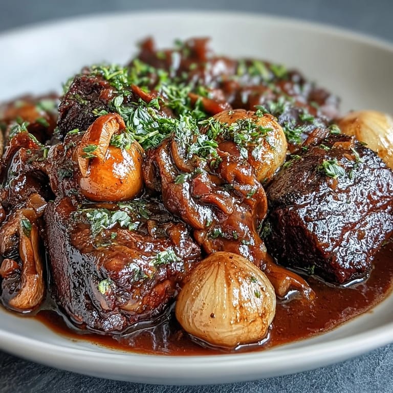 Slow-cooked wild mushroom beef bourguignon featuring fall-apart beef, earthy mushrooms, and glossy red wine gravy served with crusty bread.