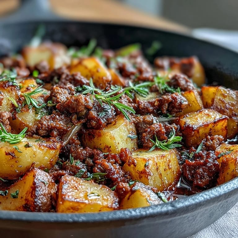 Protein-packed ground beef with golden-brown potatoes and aromatic herbs, ideal for weeknight dinners.