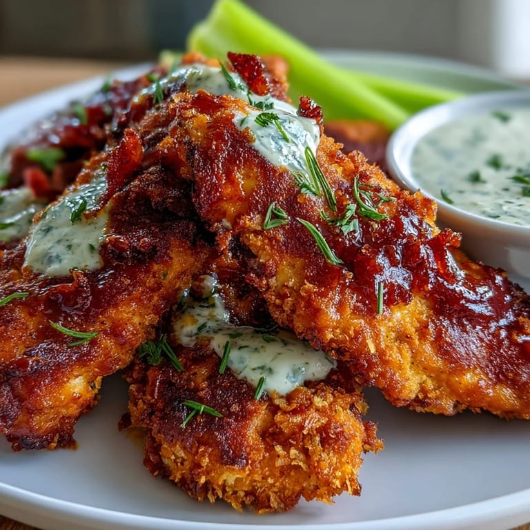 Crispy almond flour-breaded chicken tenders tossed in tangy buffalo sauce, paired with crunchy celery and homemade ranch for a keto-friendly appetizer.  