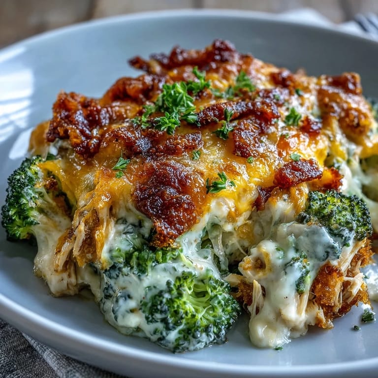 Rich, savory Keto Cheesy Broccoli Chicken Bake straight from the oven, with bubbling cheese and vibrant green florets.