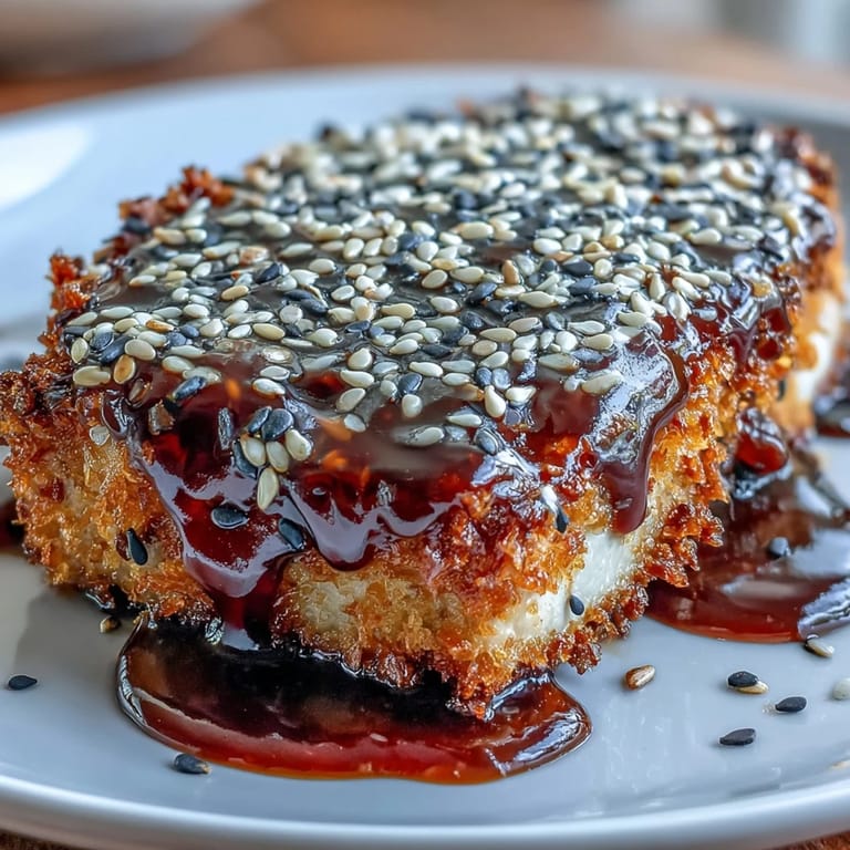Crispy tofu slabs coated in a blend of white and black sesame seeds, pan-seared to perfection and drizzled with glossy homemade teriyaki sauce.