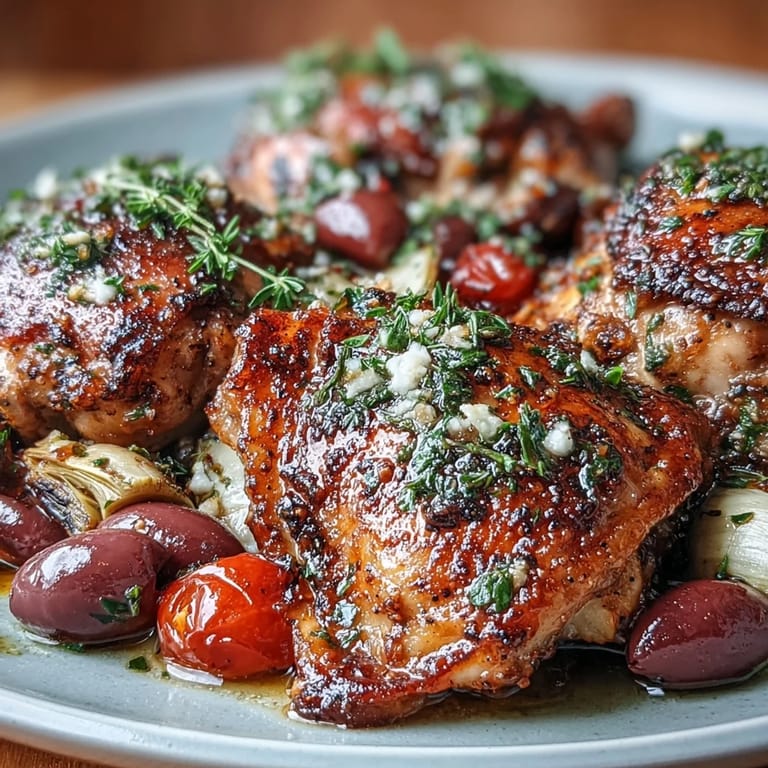 Golden seared chicken thighs bake with briny Kalamata olives, tender artichokes, and sweet cherry tomatoes for a vibrant Mediterranean dinner.