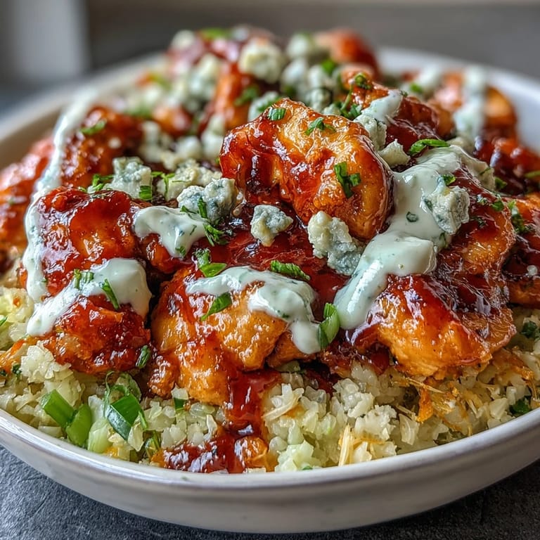 Colorful keto buffalo chicken cauliflower rice bowls topped with fresh celery, carrots, and creamy ranch dressing for bold flavor.  