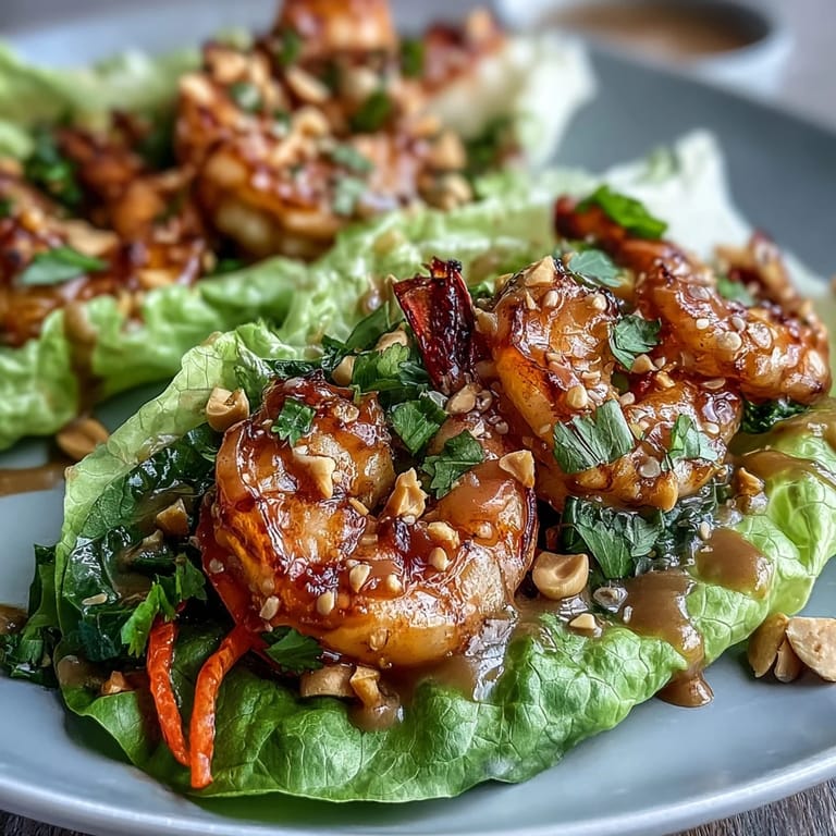 Butter lettuce cups filled with stir-fried shrimp, crisp veggies, and rich peanut sauce for a light Asian-inspired dish.  