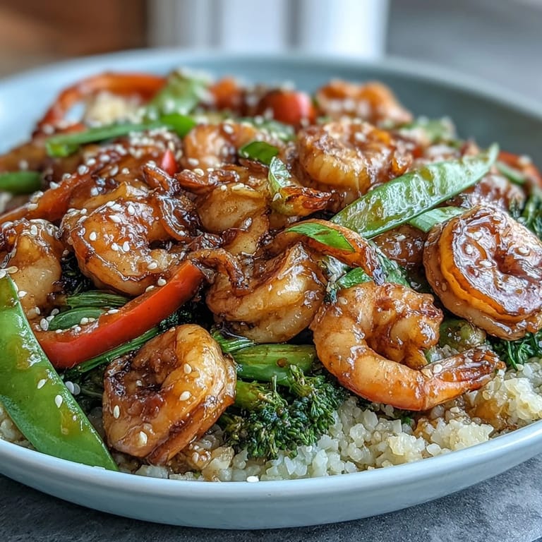Tender shrimp and crisp vegetables sizzling in a savory sauce, served atop light cauliflower rice for a healthy, low-carb dinner.
