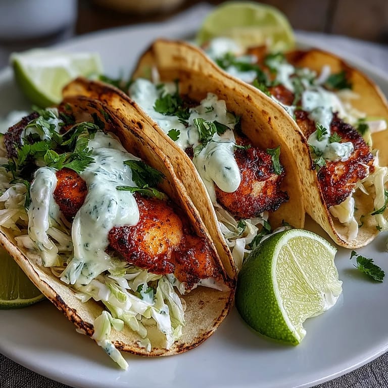 Vibrant fish tacos featuring zesty lime-marinated cod, fresh cilantro crema, and colorful cabbage slaw for a flavor-packed meal.
