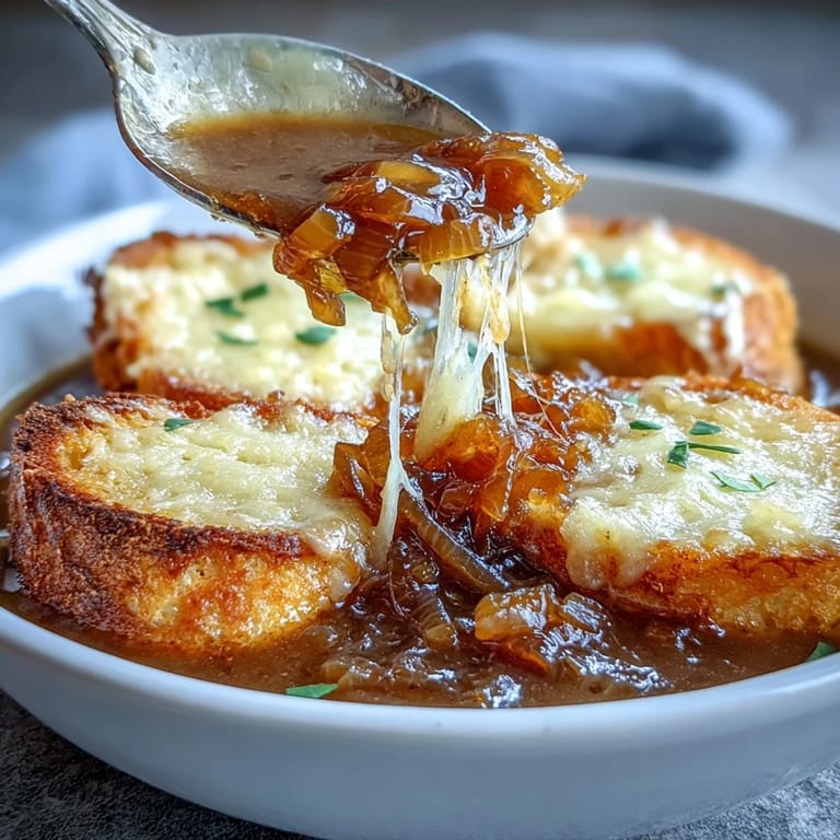 Deeply flavored beef broth and sweet caramelized onions topped with bubbly, cheesy sourdough Gruyere toasts.  