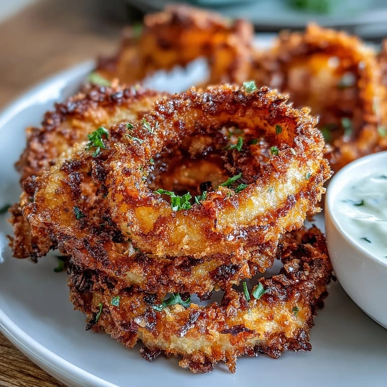 Air-fried golden onion rings served with rich garlic aioli, ideal for game day or snacking.