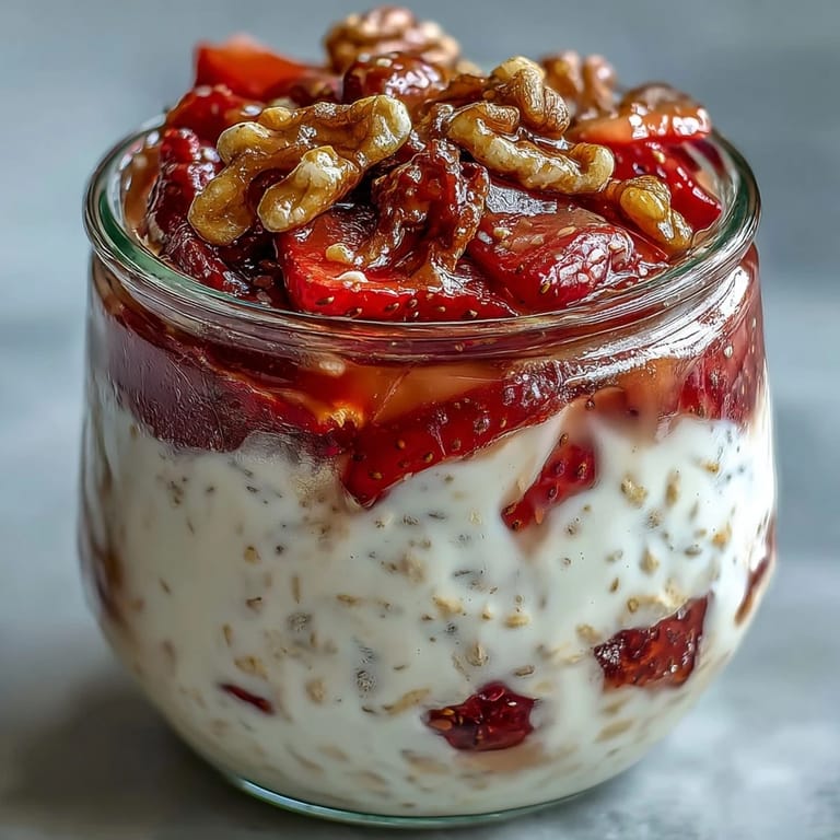Make-ahead overnight oats topped with juicy strawberries and maple-glazed candied walnuts.