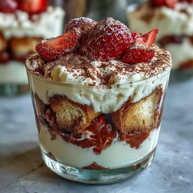 Romantic individual strawberry tiramisu cups featuring fluffy mascarpone cream, juicy strawberries, and espresso-dipped ladyfingers for Valentine's Day.