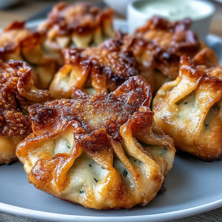 Golden pork dumplings with ginger and garlic, air fried to perfection and paired with a savory chili oil sauce.  