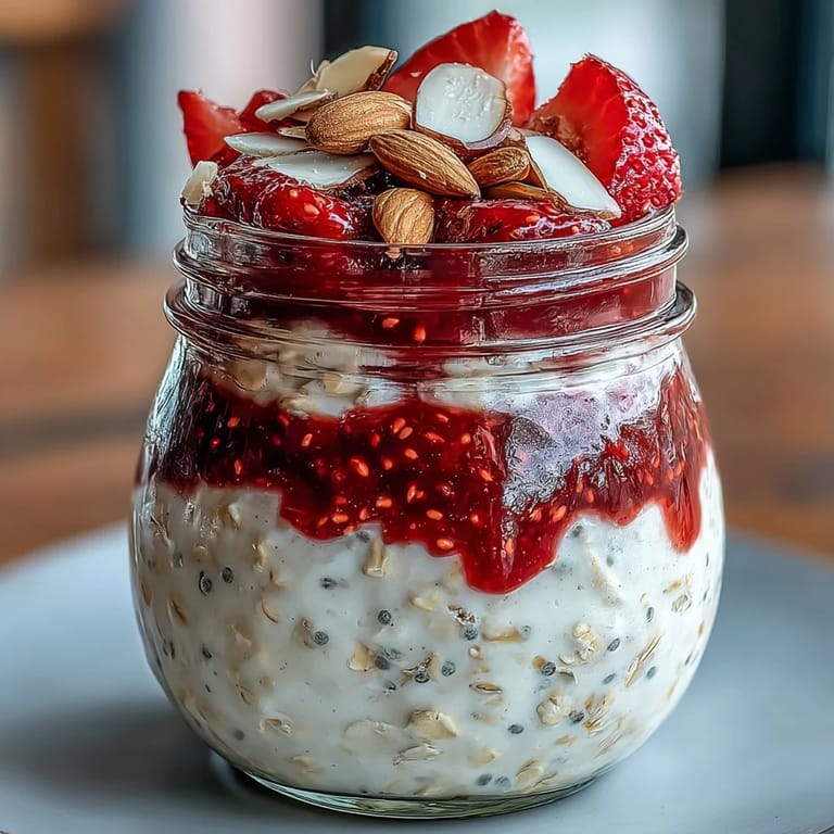 Make-ahead overnight oats with luscious strawberry chia jam, offering a delightful balance of creamy texture and fruity freshness in every bite.