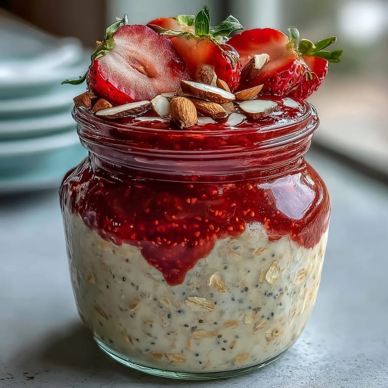 A jar of wholesome overnight oats topped with naturally sweet strawberry chia jam, perfect for a quick and healthy morning meal.  