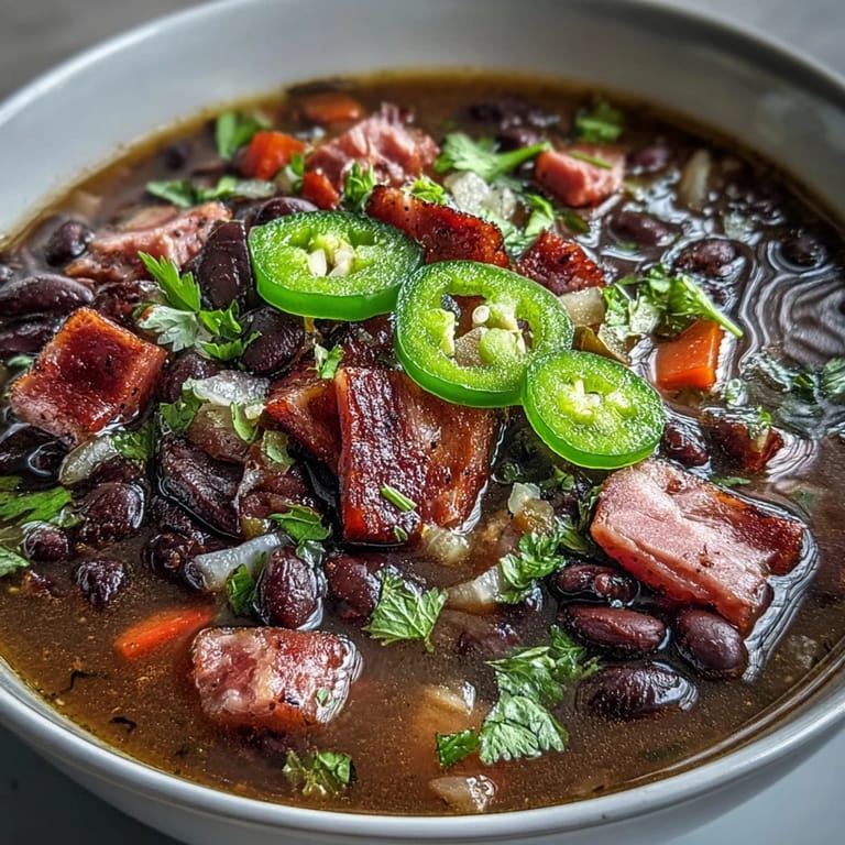 Smoky diced ham and black beans simmer with jalapeños and vegetables in this hearty, gluten-free soup perfect for chilly evenings.  