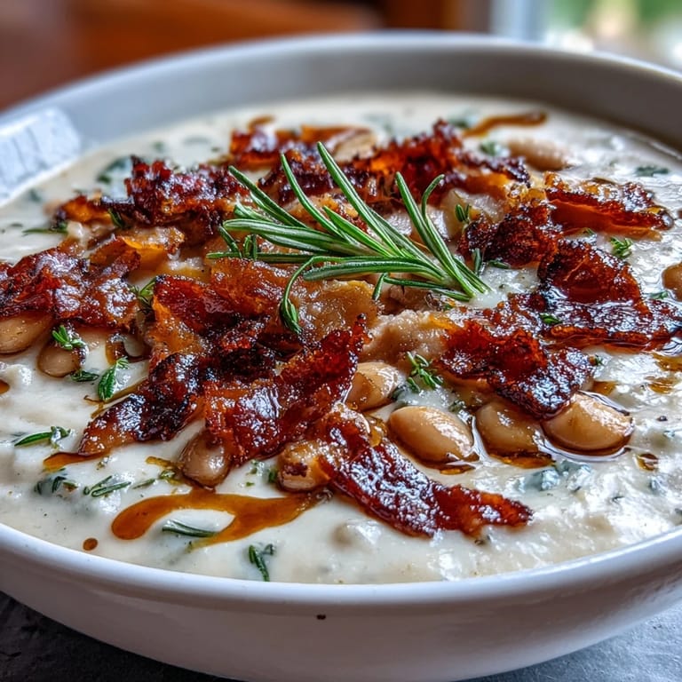 Velvety white bean soup with bacon and rosemary, garnished with extra bacon and parsley for a hearty meal.