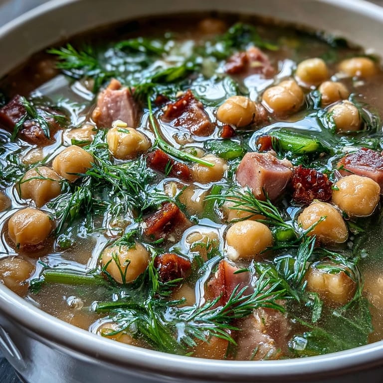 Creamy chickpeas and smoky ham in a bright, lemony broth, topped with fresh dill for a Mediterranean-inspired soup.  