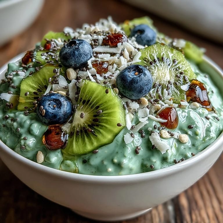 Creamy matcha overnight oats with coconut milk and chia seeds, garnished with fresh berries and a drizzle of honey for a nourishing breakfast.
