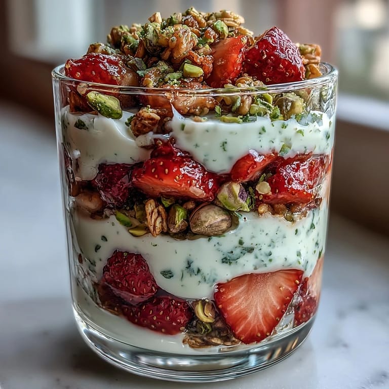 Bright and colorful Pistachio and Strawberry Breakfast Parfait, featuring juicy strawberries, nutty pistachios, and velvety yogurt in a parfait glass.  