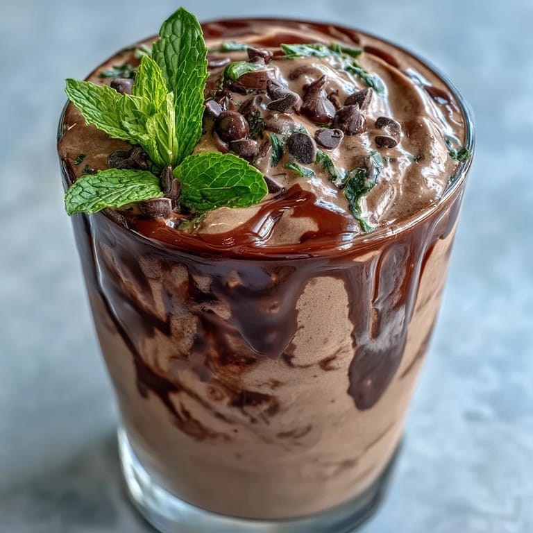 Rich mint chocolate protein shake with frozen banana, garnished with fresh mint leaves and mini chocolate chips for an indulgent yet healthy drink.