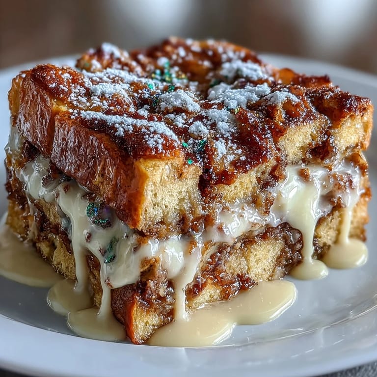 Rich cream cheese-filled King Cake French Toast Bake, perfect for a sweet and indulgent Mardi Gras breakfast.