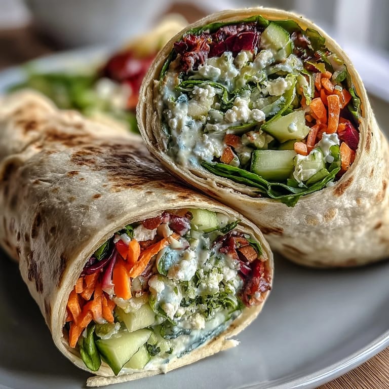 Colorful picnic wraps layered with crunchy vegetables, creamy lemon aioli, and optional feta, sliced and ready for an outdoor meal.