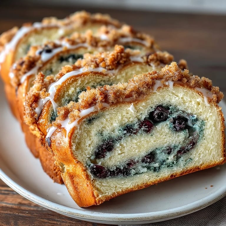 Moist sourdough loaf with vibrant lemon and blueberry swirls, crowned with a golden crumble topping for irresistible flavor.