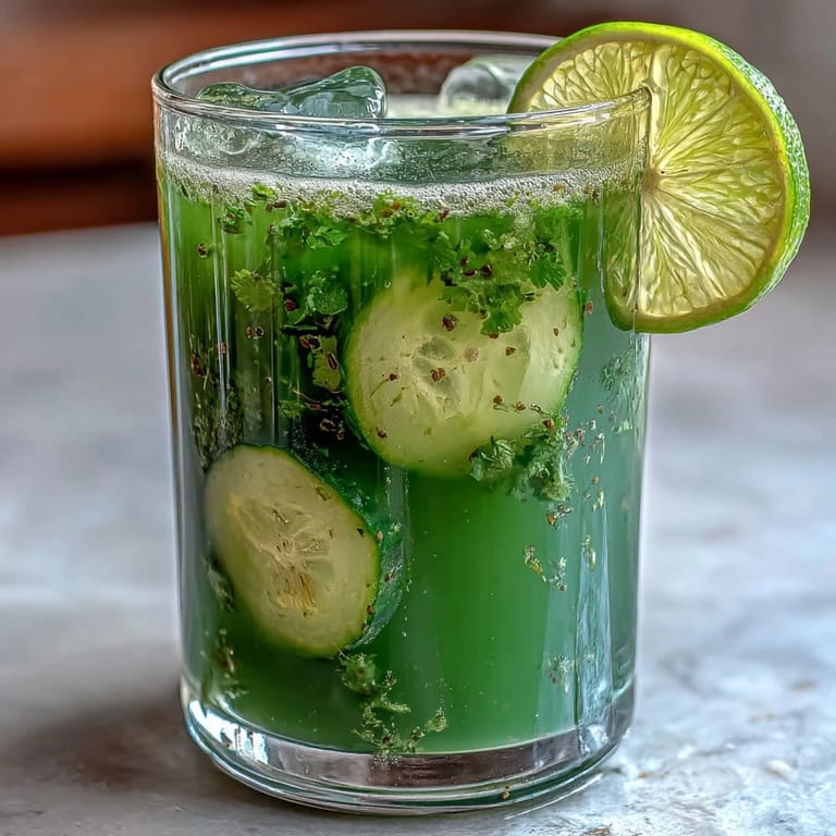 Bright and refreshing cucumber, apple, and ginger detox juice served over ice with mint garnish.