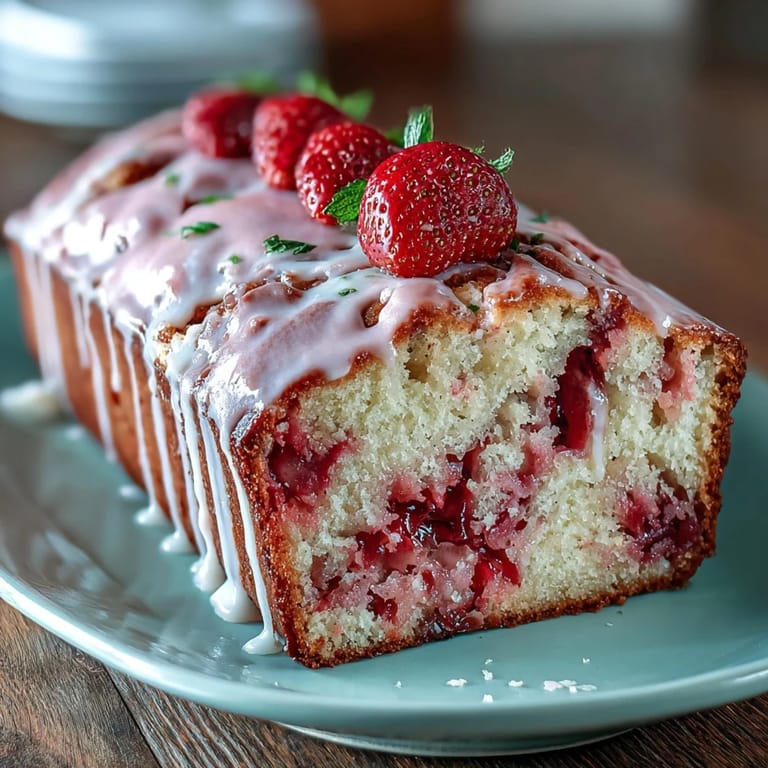 Rich vanilla pound cake marbled with fresh strawberry swirl and topped with sweet vanilla glaze.