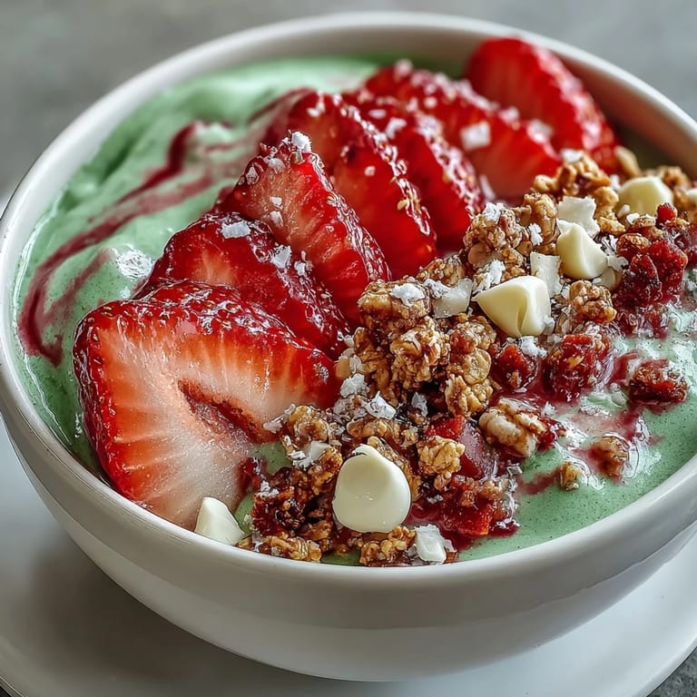 Vibrant matcha and strawberry layers swirl together in this refreshing smoothie bowl, perfect for a nourishing breakfast or snack.
