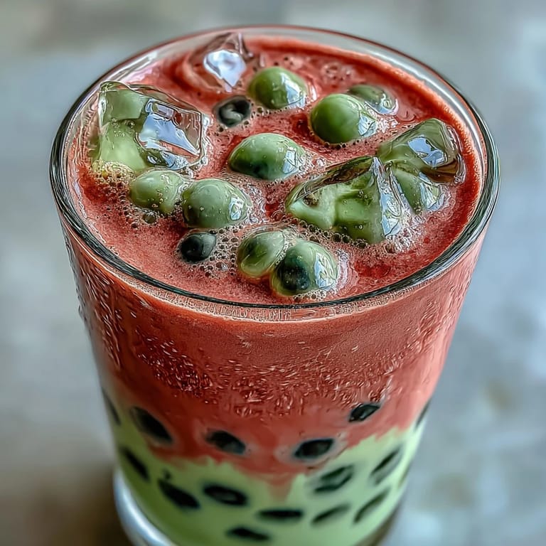 Creamy matcha milk layered over strawberry purée and tapioca pearls, creating a visually stunning boba-inspired beverage.