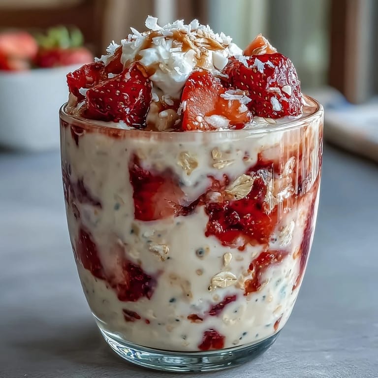 Delicious strawberry coconut overnight oats topped with sliced berries and coconut yogurt, perfect for a healthy breakfast.