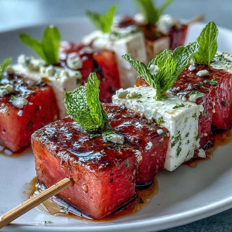 Colorful summer party appetizer featuring juicy watermelon cubes, creamy feta, and mint on skewers.  