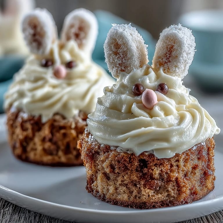 Moist spiced carrot cake cupcakes topped with fluffy cream cheese frosting, featuring pink sugar-coated marshmallow ears and mini marshmallow bunny tails.