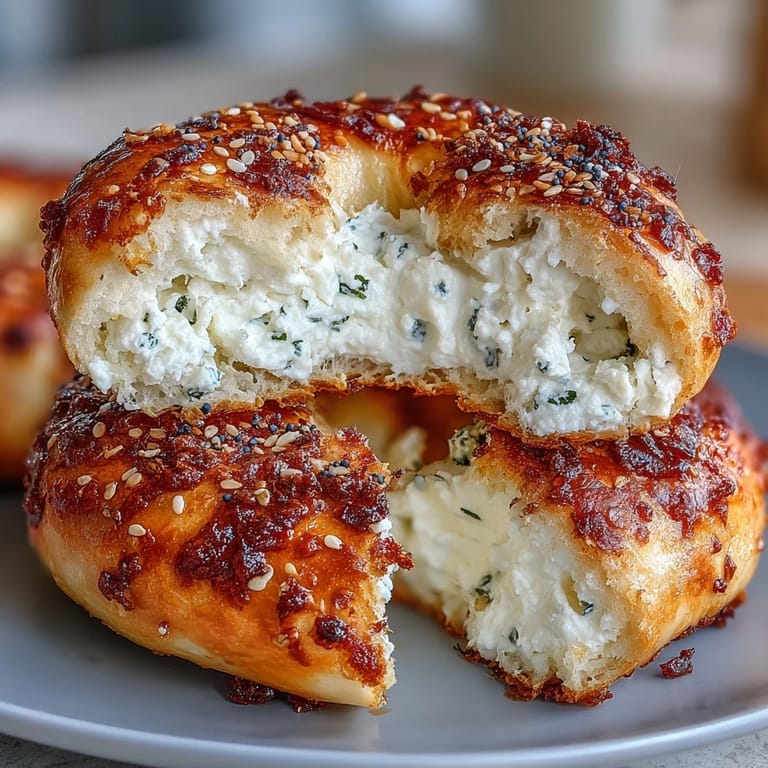 Chewy cottage cheese bagels brushed with egg wash and sprinkled with sesame seeds, ideal for toasting.