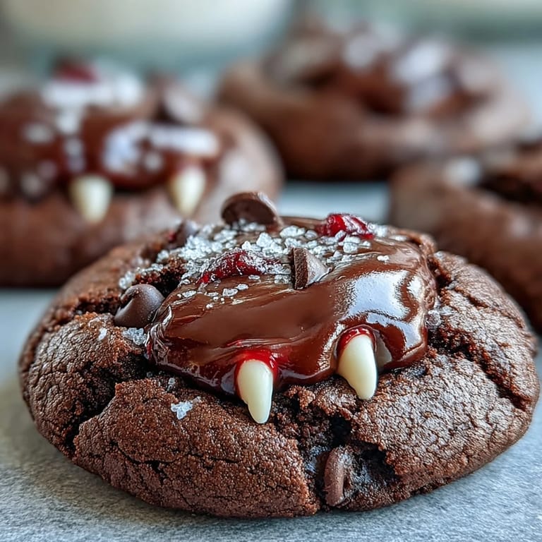 Sinfully rich chocolate cookies topped with playful candy fangs and dramatic red gel icing, perfect for Halloween parties or spooky dessert tables.