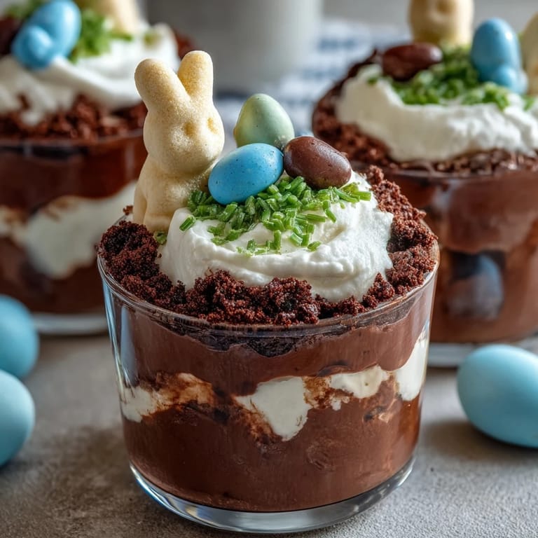 Fun Easter treat for children with chocolate pudding, cookie crumble, and colorful candy eggs and Peeps.