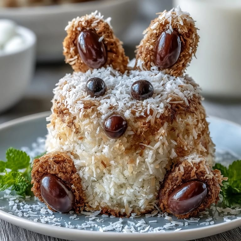 Adorable Easter Bunny Cake decorated with fluffy coconut fur and a bright pink jelly bean tail, perfect for spring holiday celebrations.