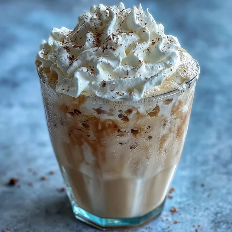 Two tall glasses filled with a frosty vanilla protein shake topped with whipped cream and a sprinkle of cinnamon.  