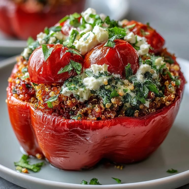 Colorful stuffed bell peppers filled with fragrant quinoa, herbs, and diced vegetables, offering a wholesome and flavorful Mediterranean-inspired meal.
